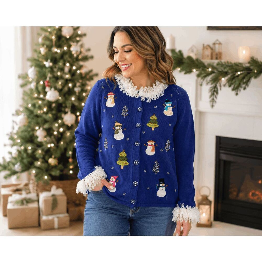 Storybook Knits Snowman Wonderland Blue Christmas Cardigan Sweater Size  S Vtge